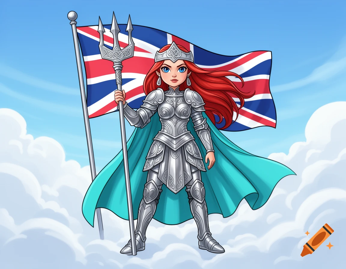Cartoon warrior princess Britannia in armor, holding a trident and the Union Jack flag against a cloudy sky.