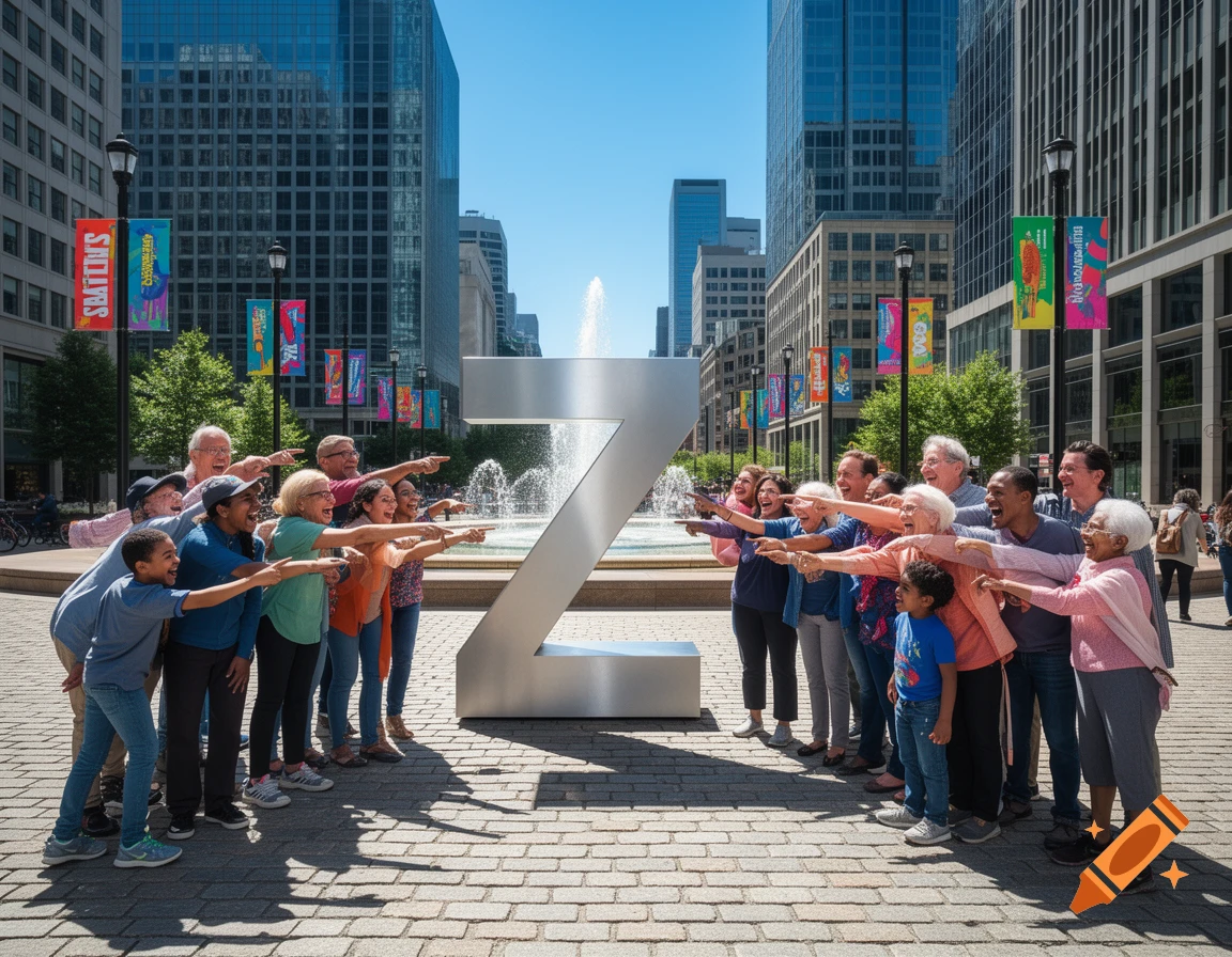 A diverse group of people pointing and laughing at a large silver letter Z sculpture in a sunny city square.