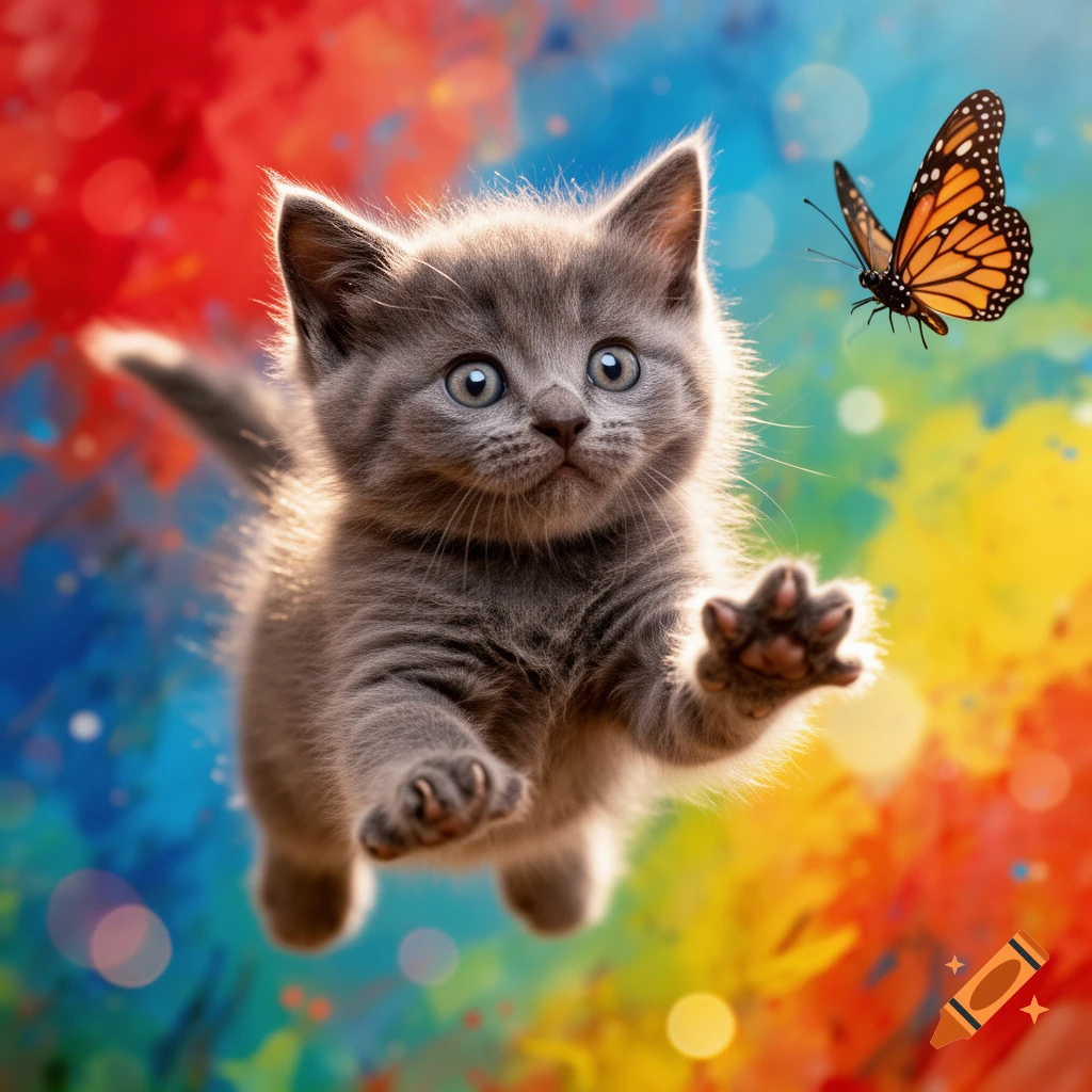 A playful grey kitten leaps towards a monarch butterfly against a vibrant, abstract background of red, blue, yellow, and green.