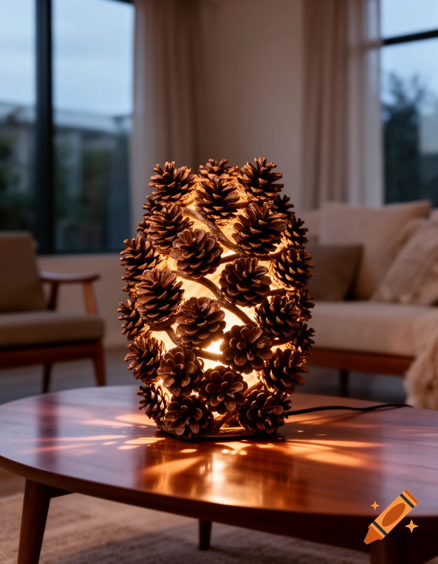 A lamp made from many pinecones sits on a polished wooden coffee table, casting a warm glow in a cozy living room.