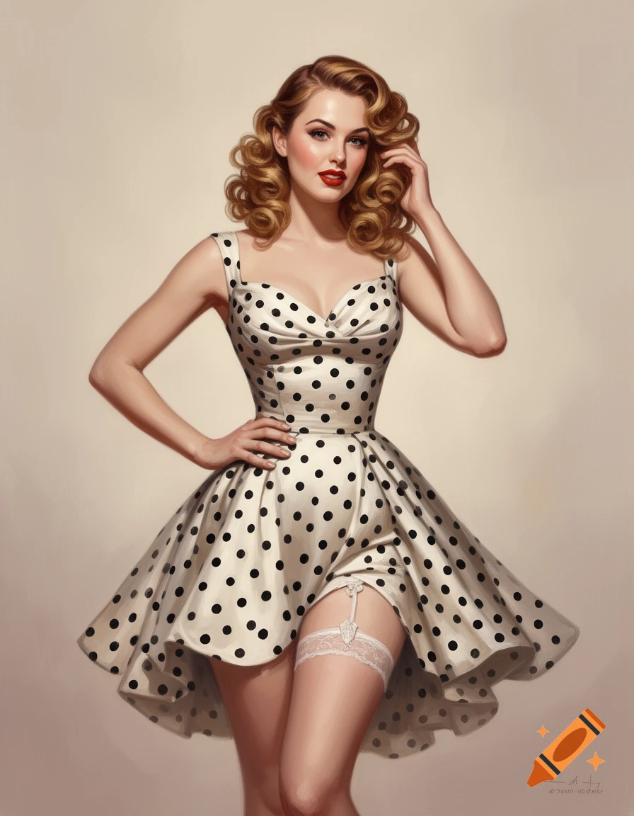 A pin-up woman with curly hair wears a white polka dot dress, showing a garter belt, in a vintage style illustration.