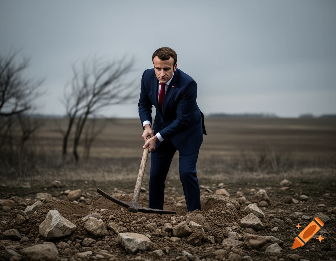 Emmanuel Macron in a suit uses a pickaxe to dig in a rocky, barren field under an overcast sky, photorealistic.