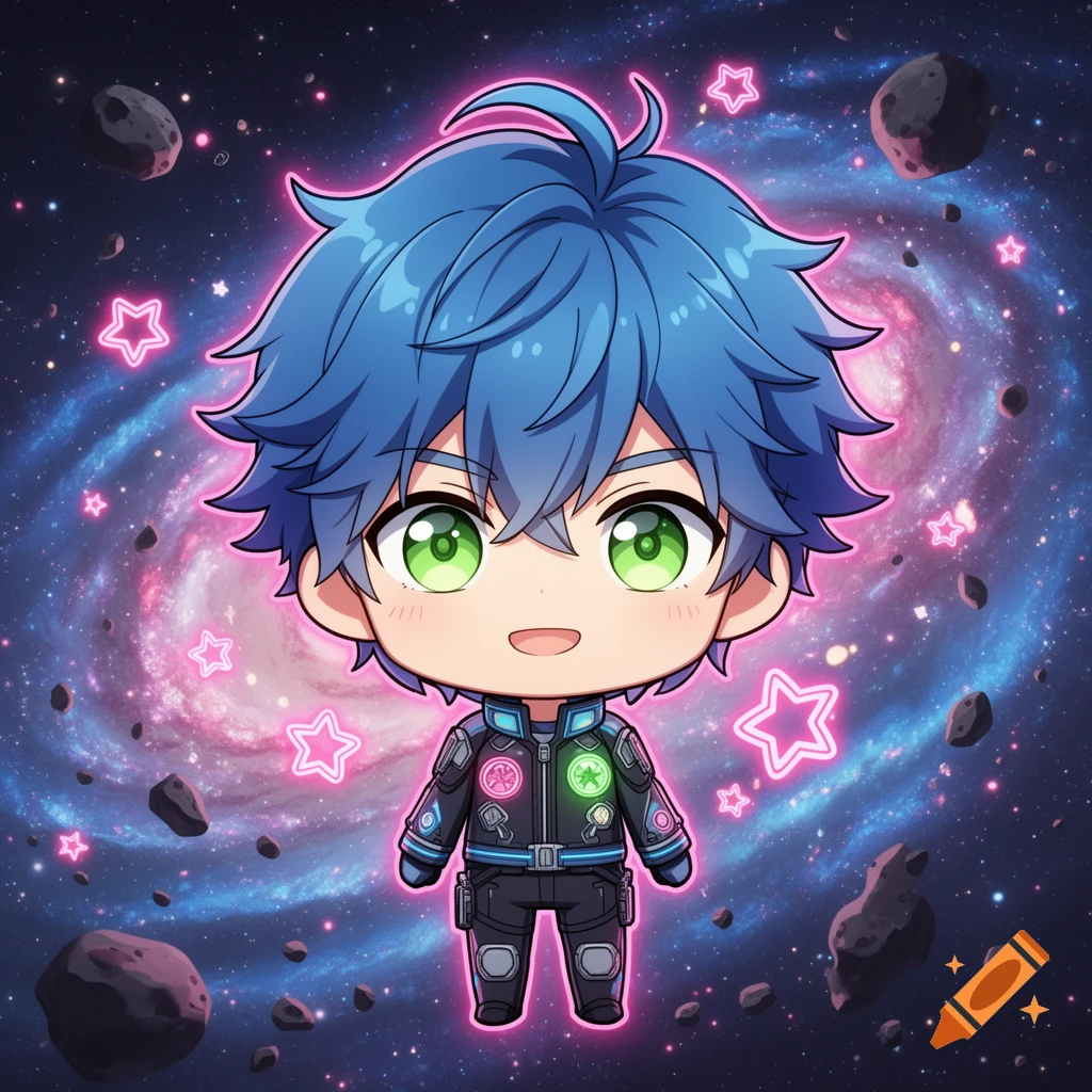 Chibi anime boy with blue hair and green eyes in a dark space suit, floating in a galaxy with pink nebulae, asteroids, and neon stars.