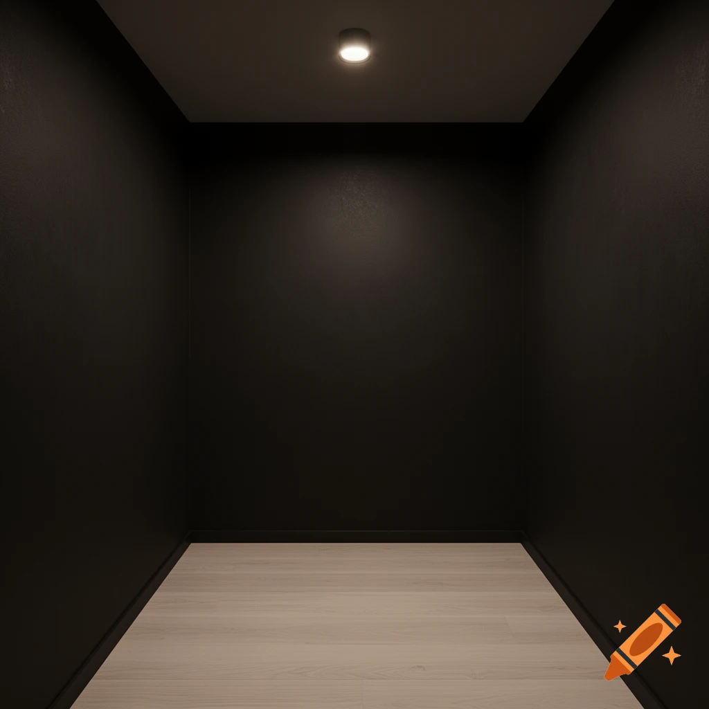 A small, empty room with dark charcoal walls, a light wooden floor, and a single ceiling light.