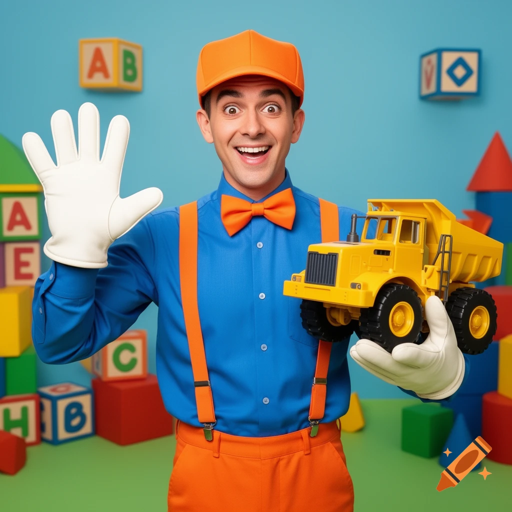 A smiling Blippi in blue and orange with large white gloves, waving and holding a yellow toy dump truck, surrounded by colorful alphabet blocks.