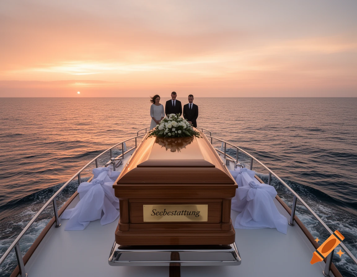A solemn sea burial on a boat at sunset, with a coffin adorned with white flowers and three people standing.