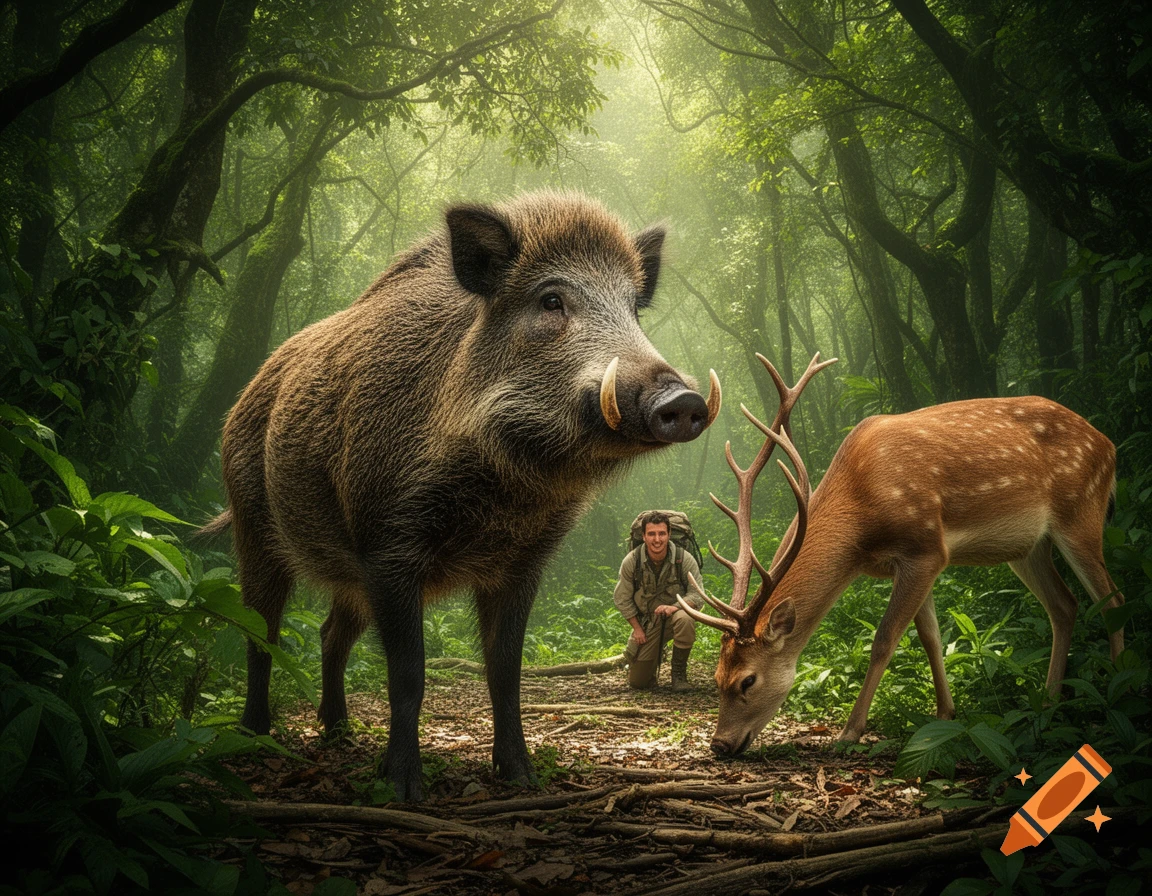 A large wild boar and a deer stand in a mystical, sunlit forest, with a man crouching in the background.