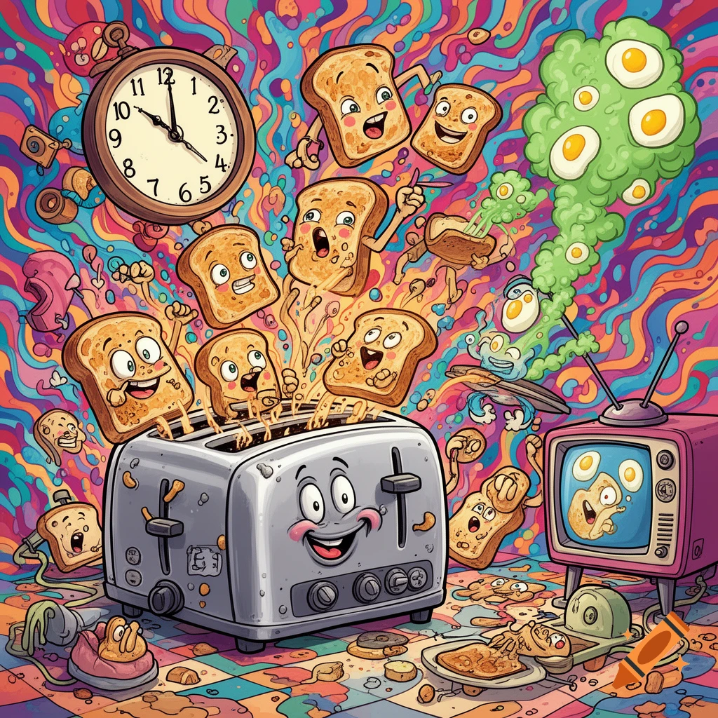 Happy cartoon toaster ejects anthropomorphic toast into a vibrant, psychedelic background with a clock, TV, and green egg cloud.