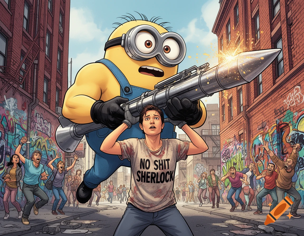 Giant Minion with a rocket launcher behind a cowering man in a 'NO SHIT SHERLOCK' shirt on a chaotic city street, comic art.