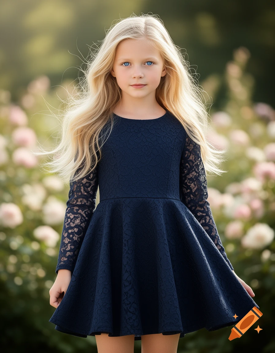 Photorealistic portrait of a young girl with blond hair and blue eyes, wearing a dark blue lace dress, standing in a blurred garden.