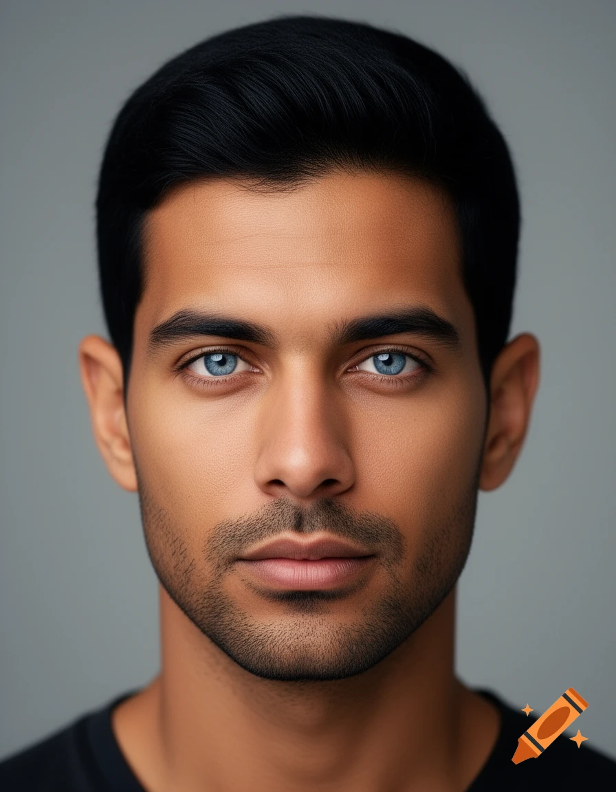 Photorealistic portrait of a man with dark skin, black hair, a light beard, and striking blue eyes.