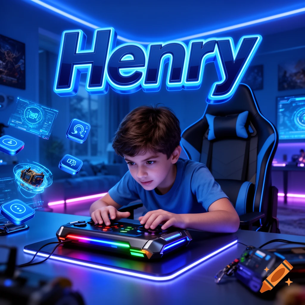 A young boy plays a video game on a colorful, neon-lit controller, with the name Henry glowing above him in a futuristic room.