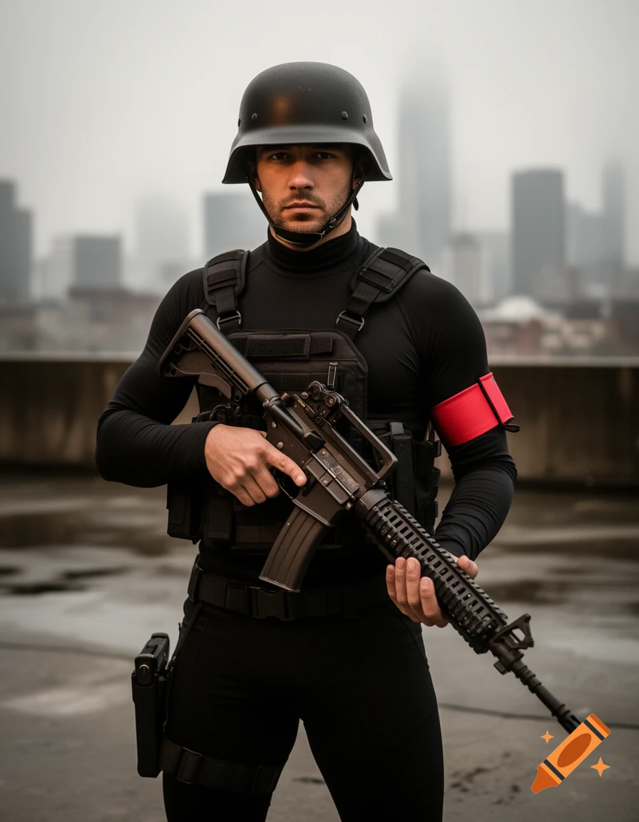 Photorealistic portrait of a man in black tactical gear, German Stahlhelm, red armband, holding an AR-15, cityscape background.