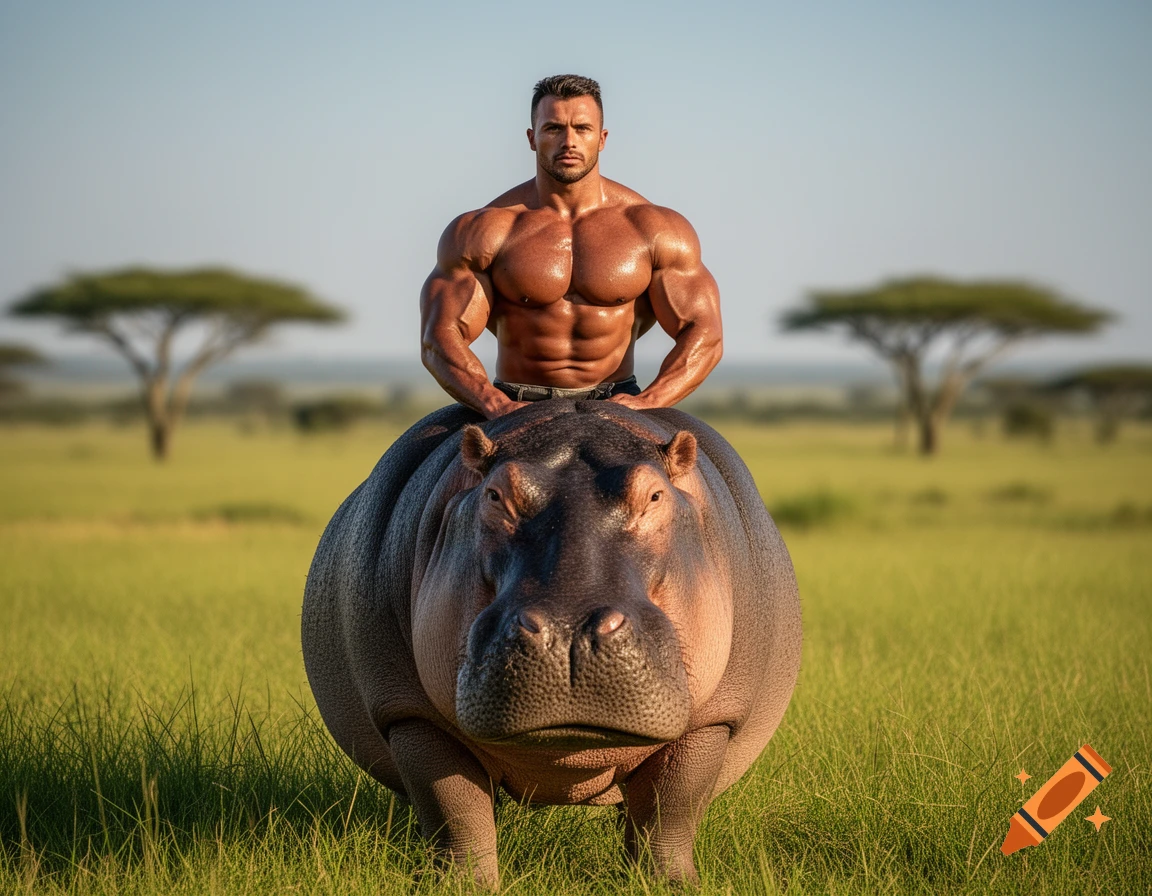 A muscular bodybuilder rides a large hippopotamus in a sunny savanna with acacia trees.