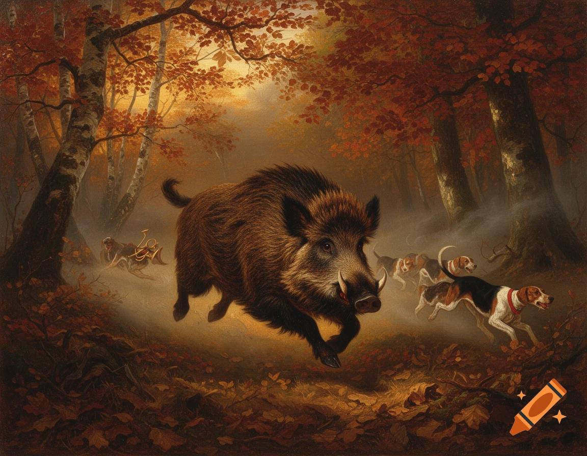 A wild boar charges through an autumn forest, pursued by a pack of hunting dogs, rendered in a classical painting style.
