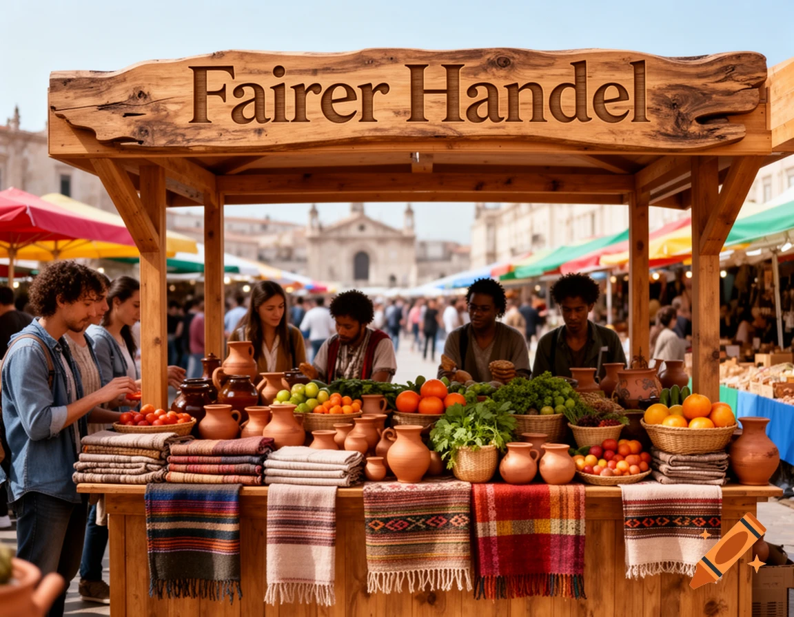 A bustling outdoor market stall features a prominent 'Fairer Handel' sign above a vibrant display of fruits, vegetables, pottery, and colorful textiles, with shoppers and vendors around.