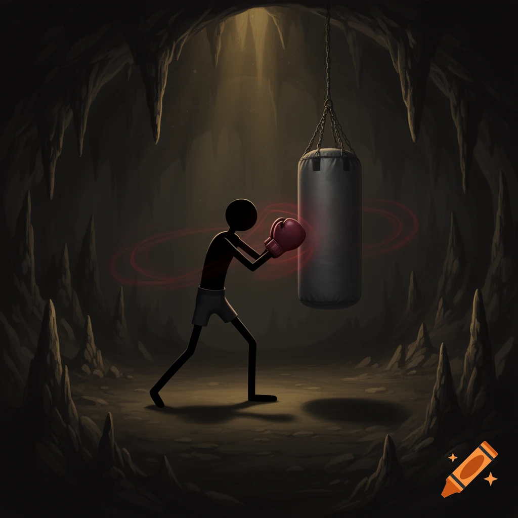 A black stickman wearing maroon boxing gloves with a red glow, punching a gray bag in a dark cave with stalagmites and a light beam.