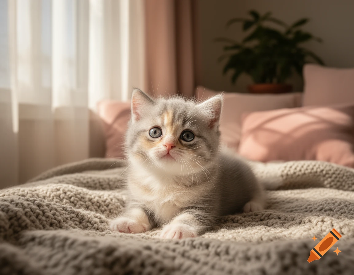 A fluffy, calico-colored kitten with wide blue eyes lies on a knitted blanket in a sunlit room.