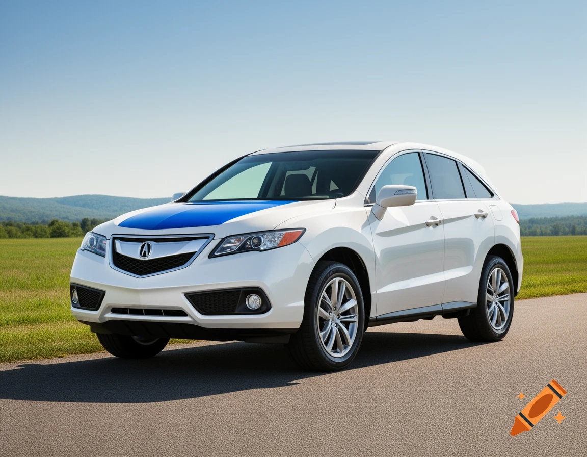 A white 2015 Acura RDX SUV with a blue hood stripe on an asphalt road with fields and mountains under a clear sky.