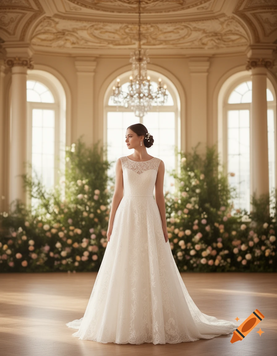 A young woman in a white lace wedding dress stands in a grand ballroom adorned with floral arrangements and large arched windows.