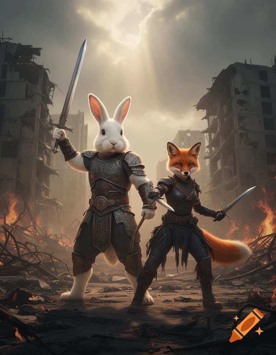 A photorealistic image of a rabbit warrior with a sword and a fox warrior with two daggers, standing in a burning, ruined city.