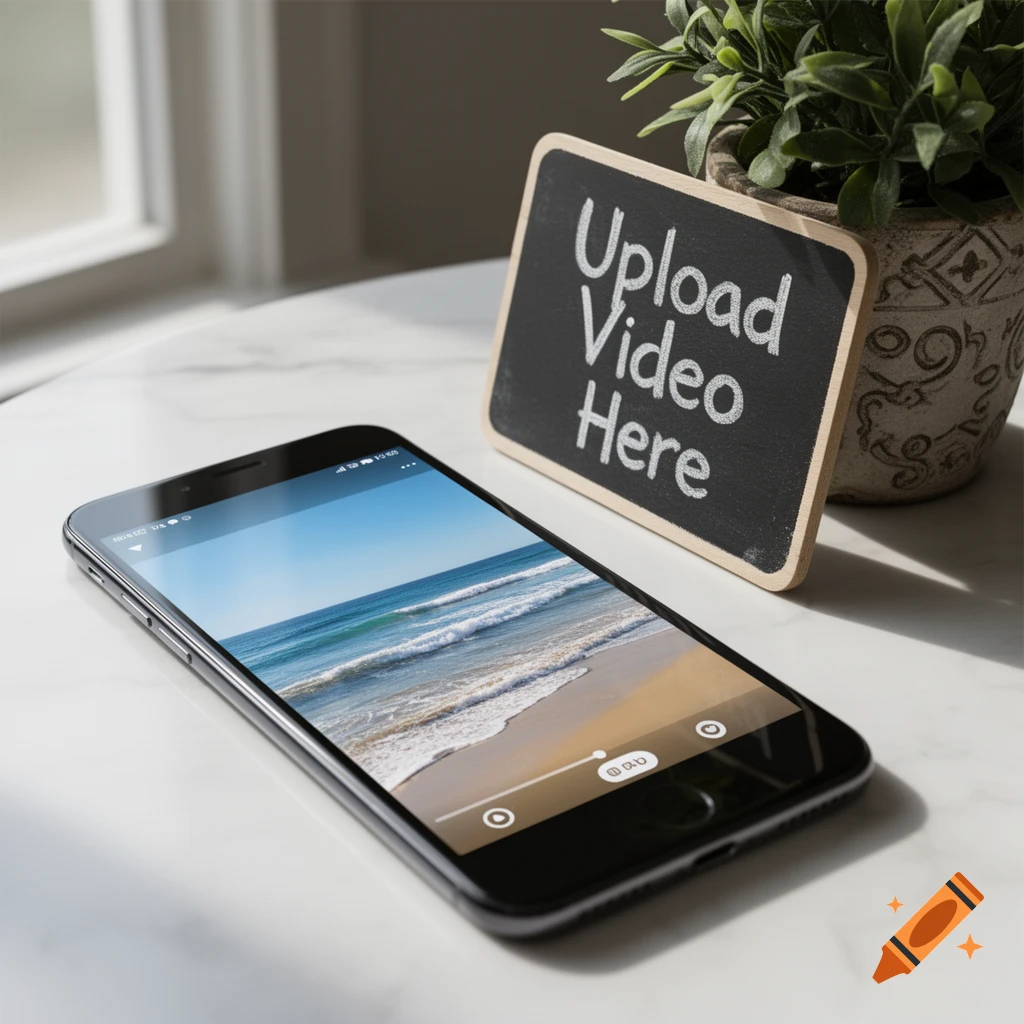 A smartphone playing a beach video next to a chalkboard sign that says 'Upload Video Here' and a potted plant on a marble table.