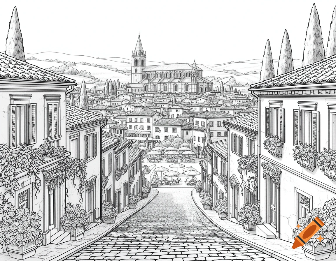 A detailed line art coloring page of a scenic Italian village with a church, buildings, and a cobblestone street.