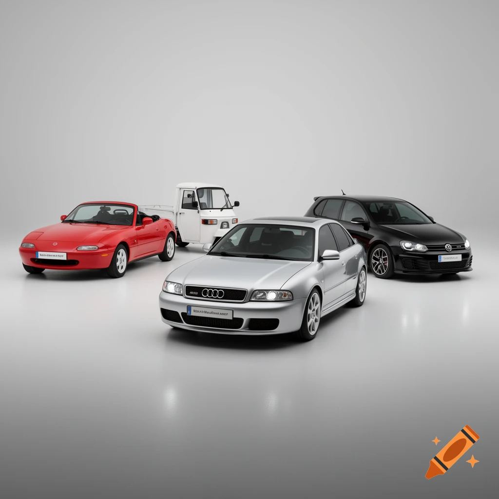 A silver Audi RS4 B5, red Mazda MX-5 NA, white Piaggio Ape 50, and black VW Golf GTI Edition 50 displayed in a clean studio setting with soft lighting and reflections.