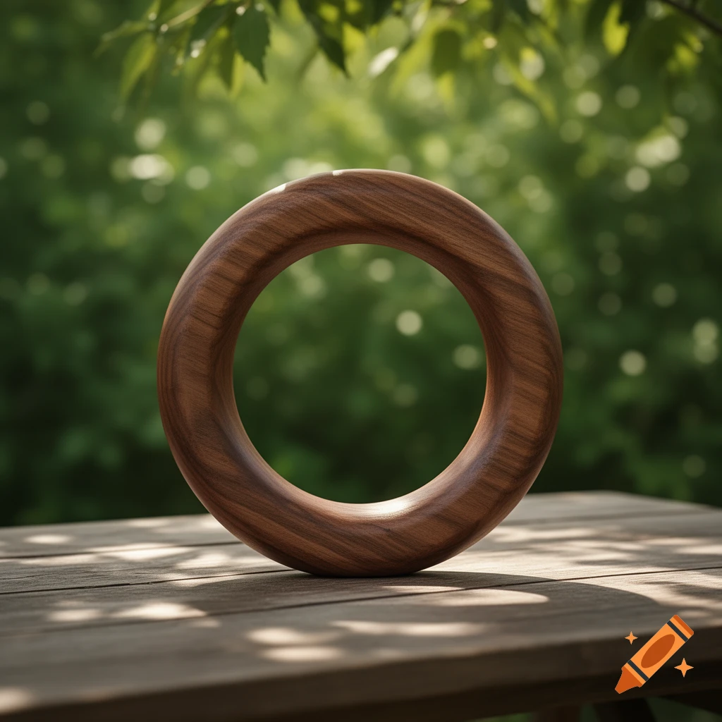 A smooth wooden circle stands upright on a rustic wooden table, with a blurred green leafy background under dappled sunlight.