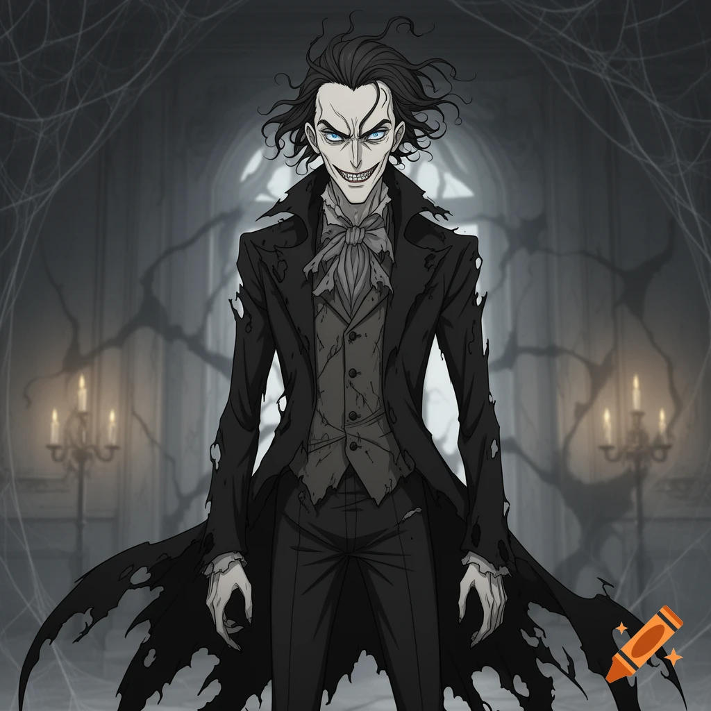 A pale, menacing anime man with wild hair and sharp teeth in a tattered black suit stands in a cobwebbed gothic room.
