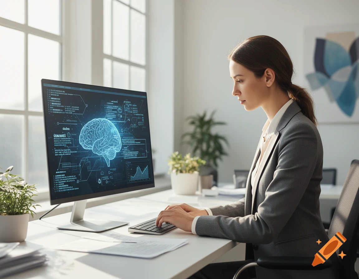 A photorealistic image of a woman in an office, focused on a computer screen displaying a glowing brain diagram and data.