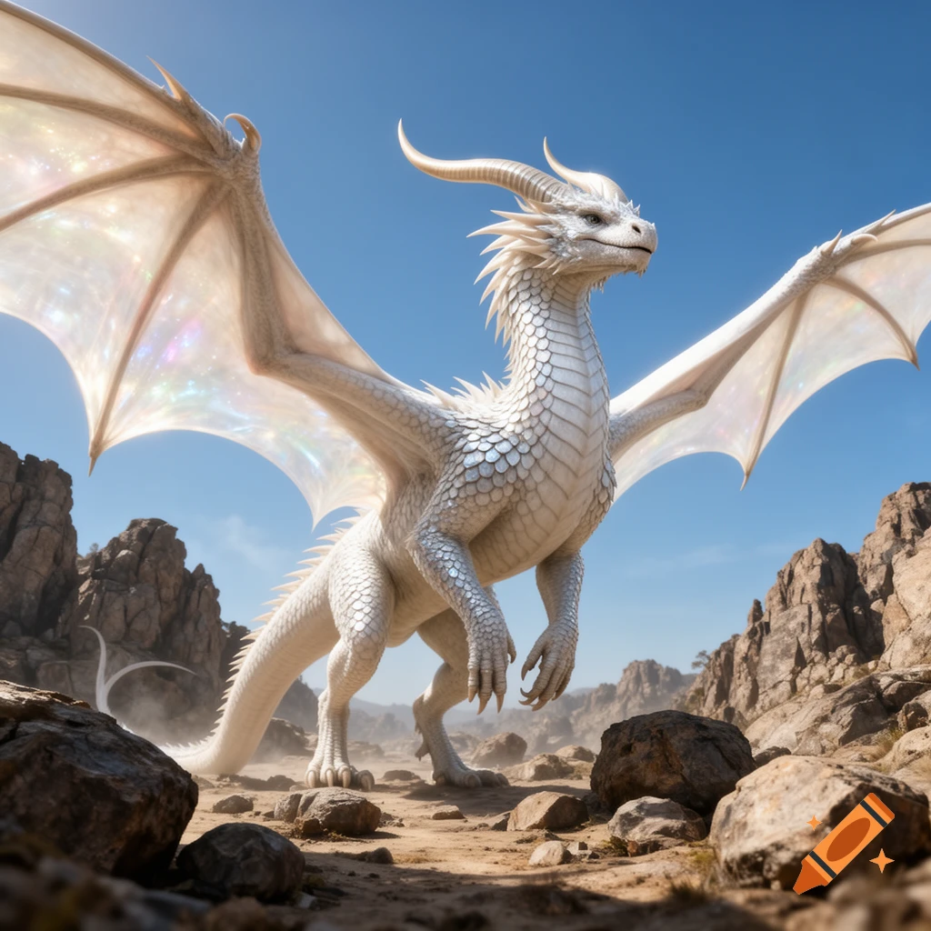 A majestic white dragon with large iridescent wings stands on rocky ground in a desert under a clear blue sky.
