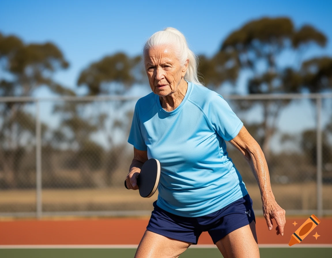 An elderly woman with white hair, wearing a blue shirt and shorts, plays pickleball on an outdoor court.