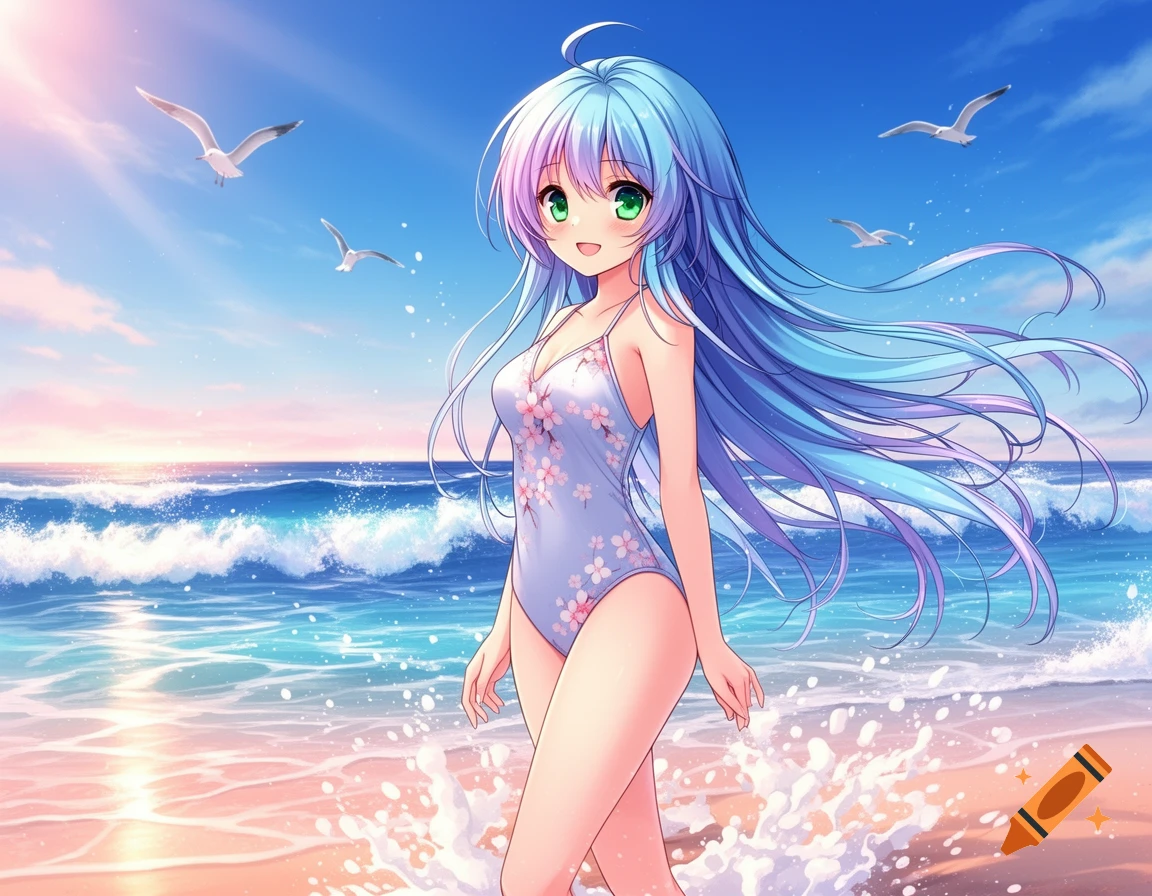 An anime girl with long blue and purple hair in a floral swimsuit stands on a sunny beach with waves and seagulls.