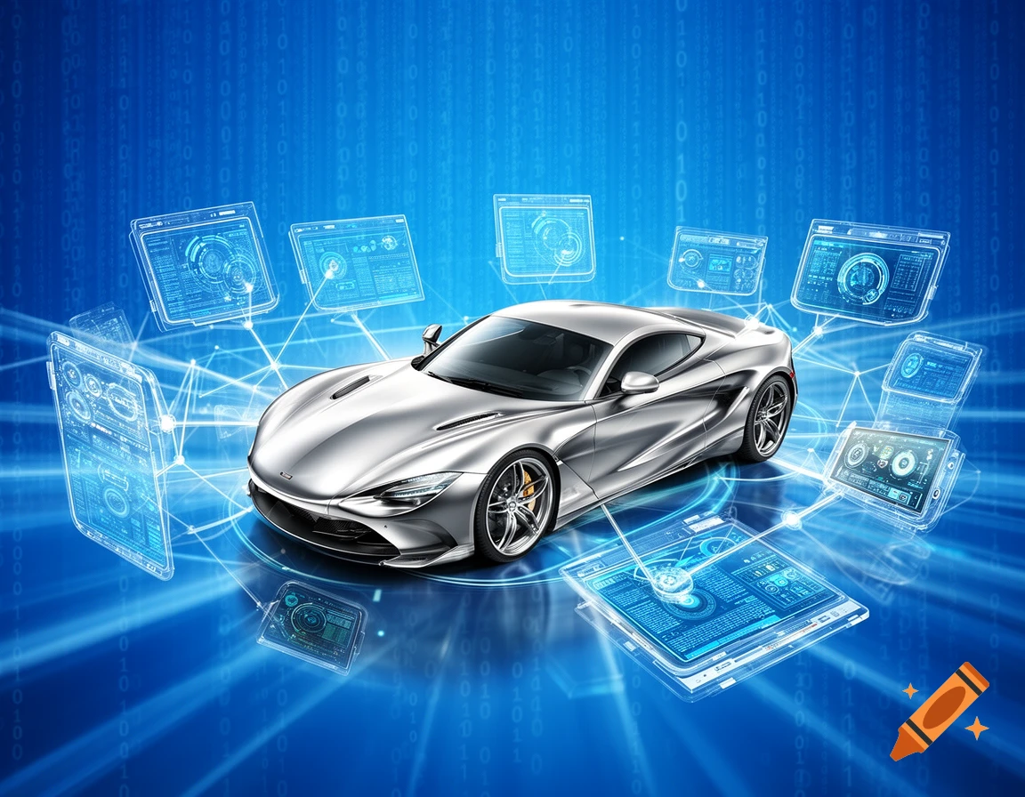 A sleek silver sports car is centered on a vibrant blue background filled with binary code, surrounded by glowing holographic screens displaying data and connections.