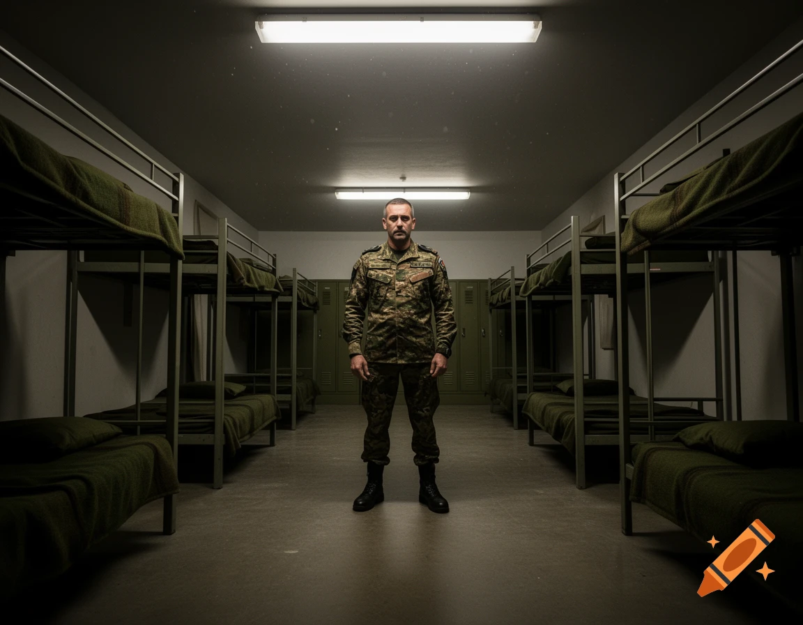 A serious-looking man in a camouflage military uniform stands in the center of a dim barracks room with rows of bunk beds.