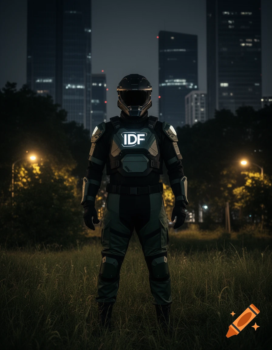 A person in a dark, futuristic armored suit with glowing "IDF" text on the chest stands in a grassy field at night, with tall city buildings in the background.