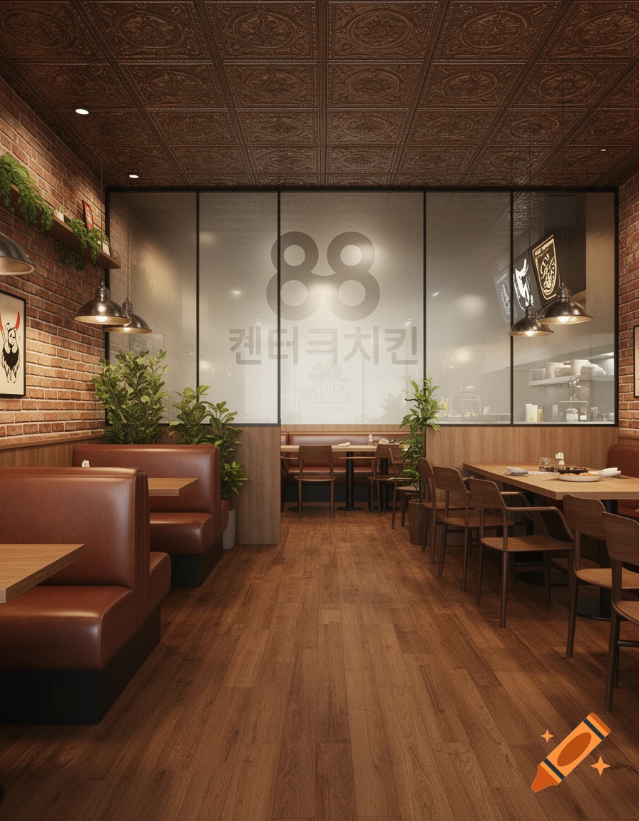 A modern restaurant interior features brown leather booths, wooden tables, and brick walls, with "88 KENTUCKY CHICKEN" signage on a frosted glass partition.