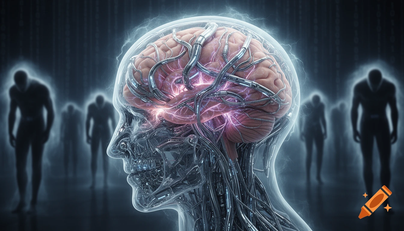 Detailed sci-fi image of a transparent human head with a brain connected by glowing metallic tubes, with blurry figures in the background.