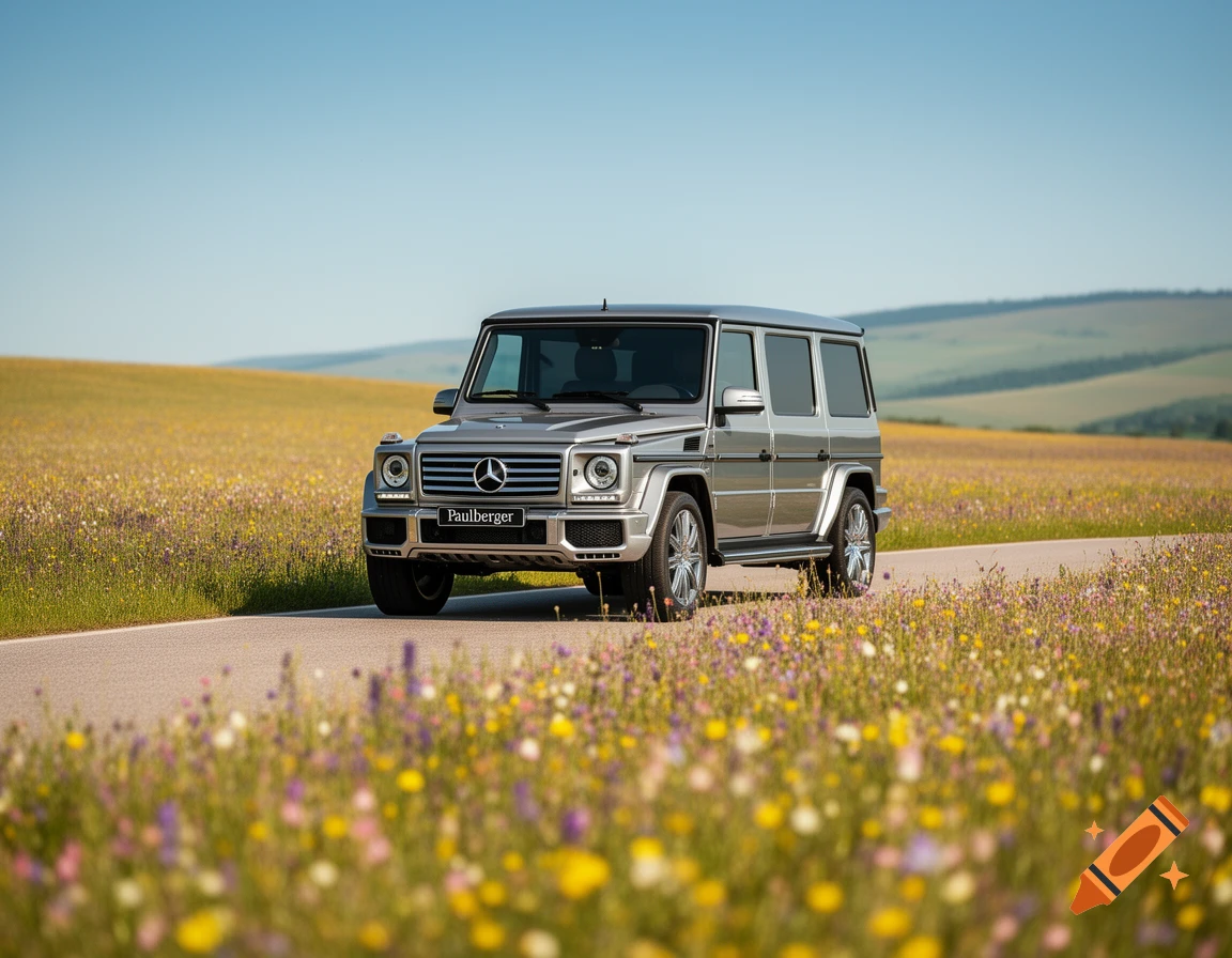 A silver Mercedes G-Class SUV with a "Paulberger" license plate on a paved road through a field of colorful wildflowers under a clear blue sky.