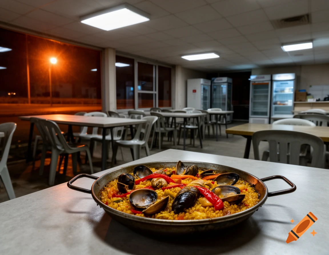 A large pan of paella with mussels, rice, and red peppers on a table in a dimly lit cafeteria at night.
