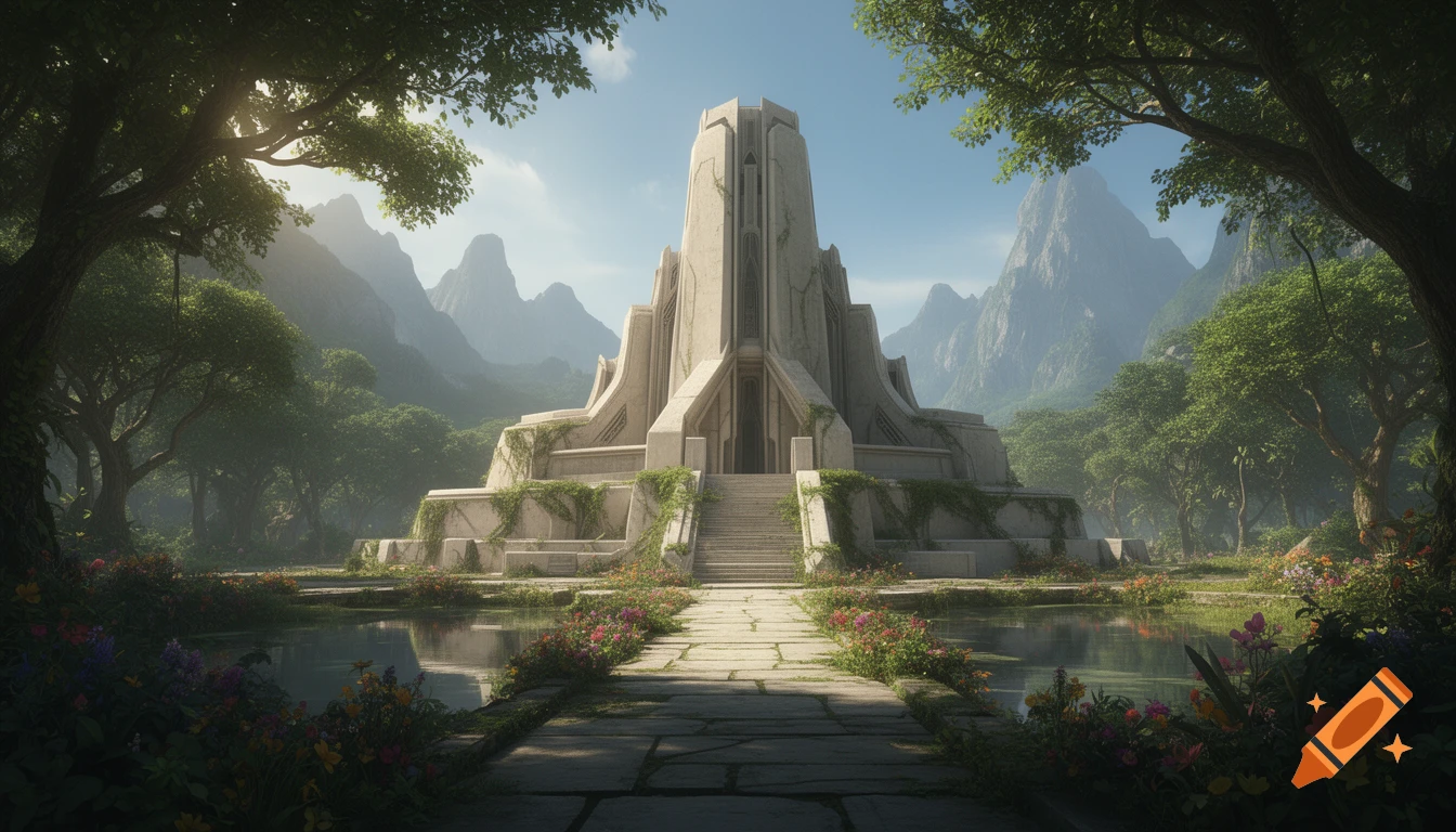 A majestic, ancient Jedi temple in a lush jungle valley, flanked by mountains and a reflective pond, with a stone path.