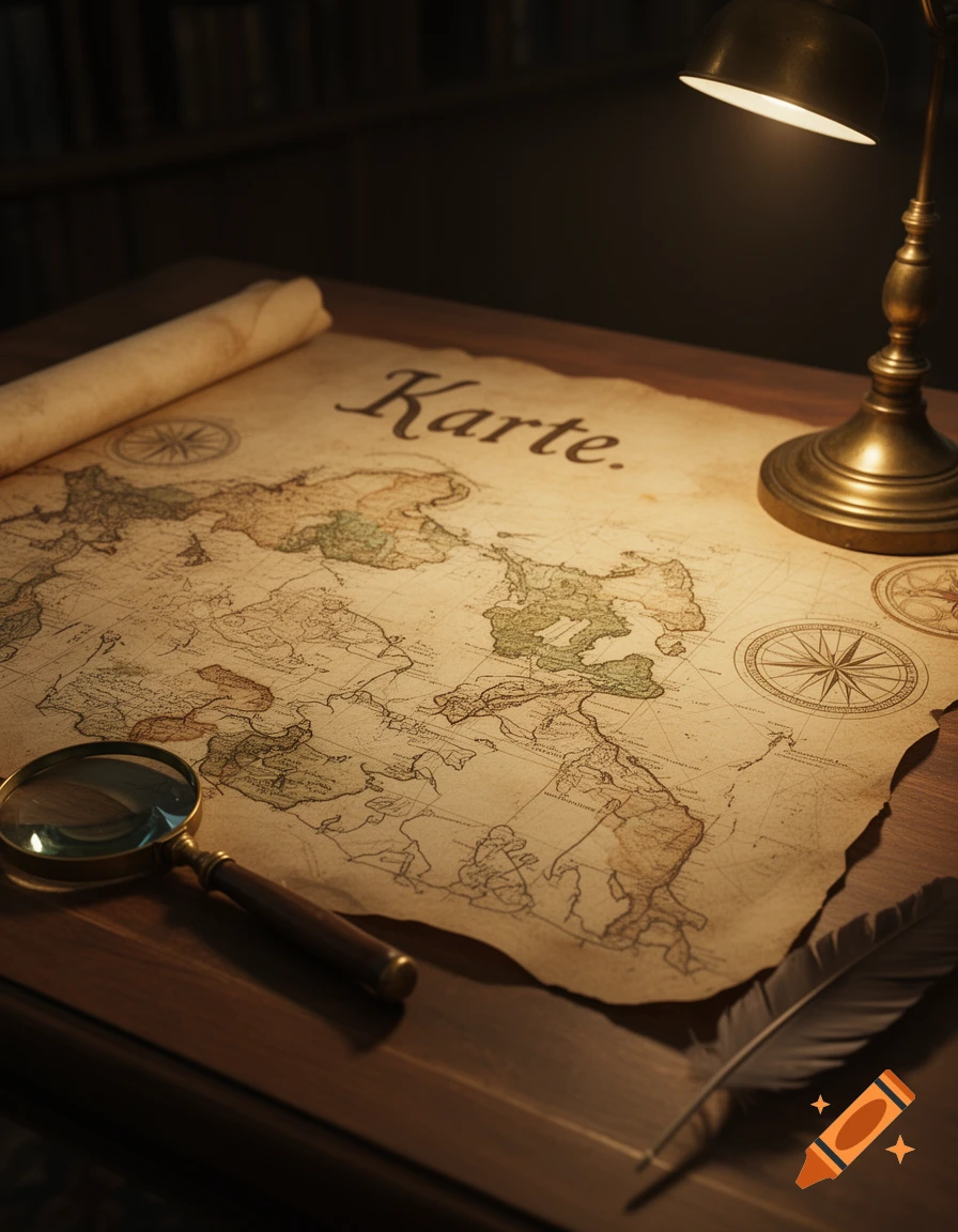 An old, detailed map unrolled on a wooden desk, illuminated by a vintage brass lamp, with a magnifying glass and a feather quill nearby.