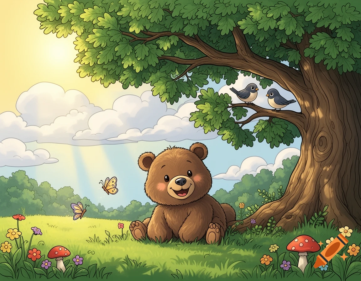 A cute, smiling cartoon bear sits under a large tree in a sunny meadow with butterflies, birds, flowers, and mushrooms.