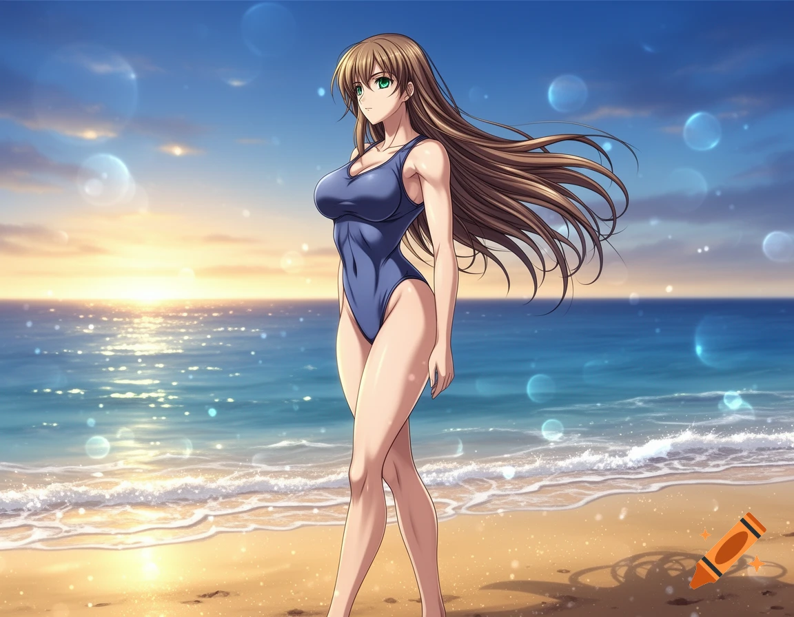 An anime woman with long brown hair in a blue swimsuit stands on a sandy beach by the ocean at sunset.