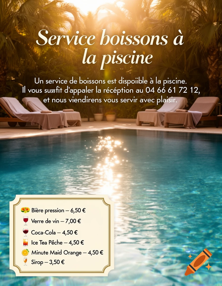 A bright poolside scene at an hotel with lounge chairs, a clear blue swimming pool, and a menu for drinks service in French.