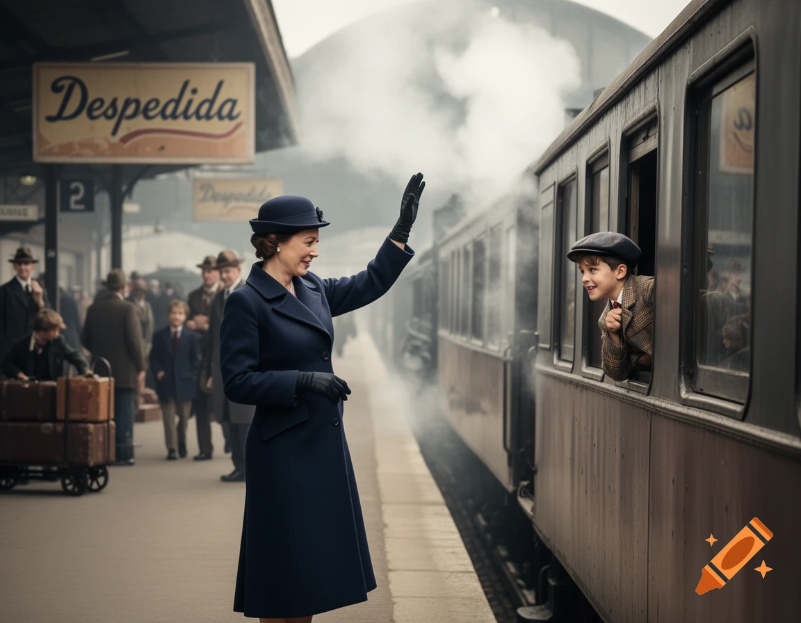 A woman waves goodbye to a boy leaning out of a train window at a vintage train station, with steam billowing.