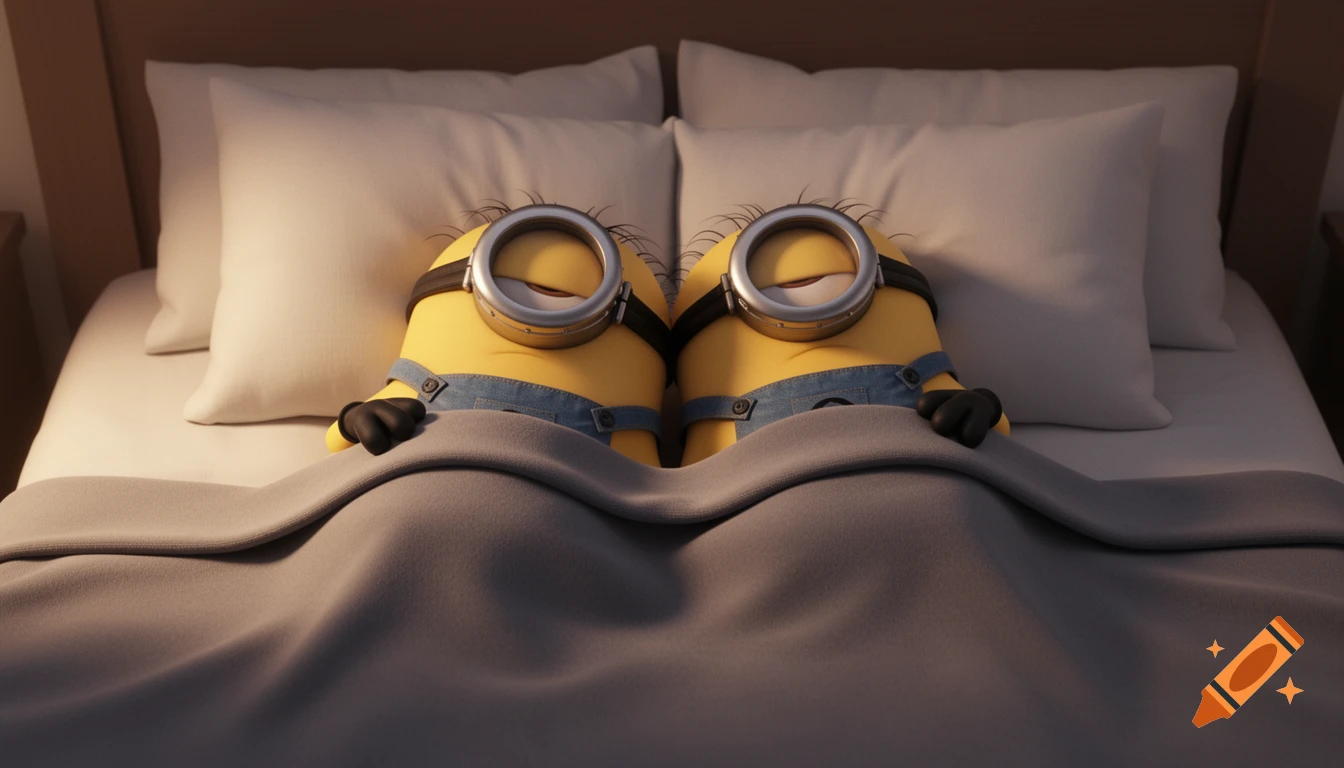 Two Minions sleep soundly under a gray blanket in a dimly lit bed with white pillows, viewed from above.