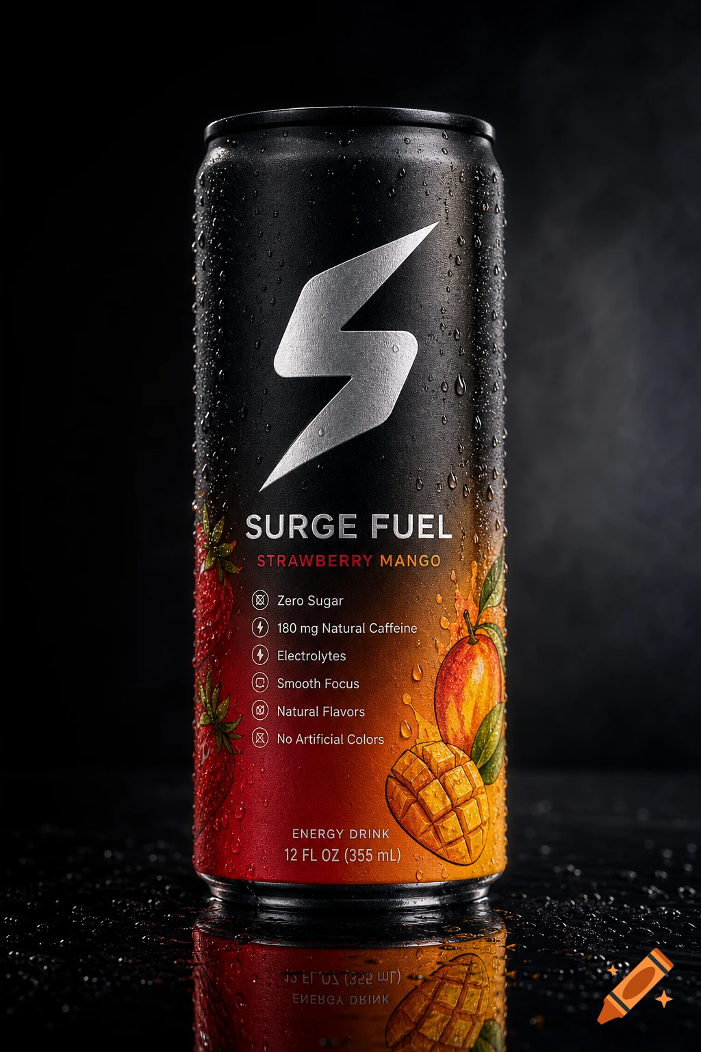 Photorealistic black Surge Fuel energy drink can with strawberry and mango designs, covered in condensation on a reflective surface.
