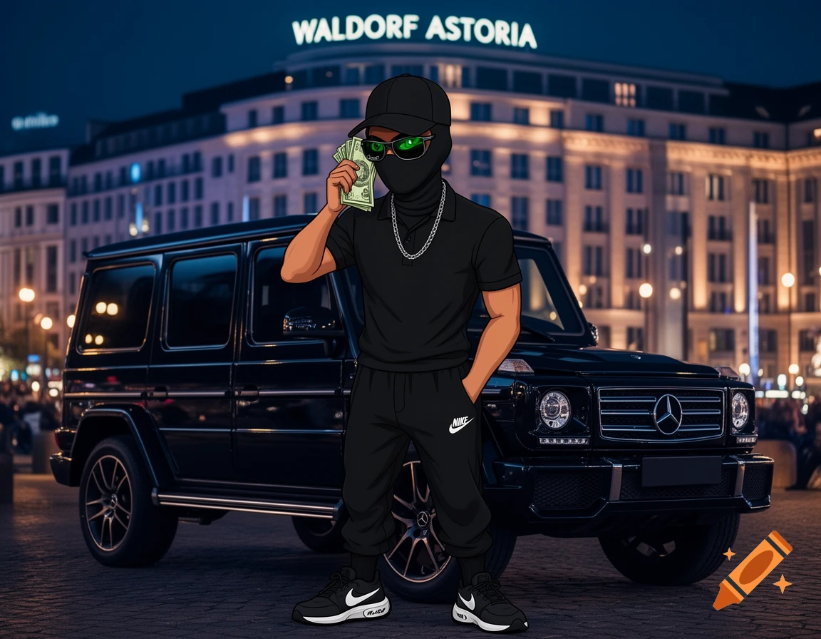A confident cartoon character in a balaclava and cap, holding money, stands in front of a black Mercedes G Wagon at night. A Waldorf Astoria hotel is in the background.
